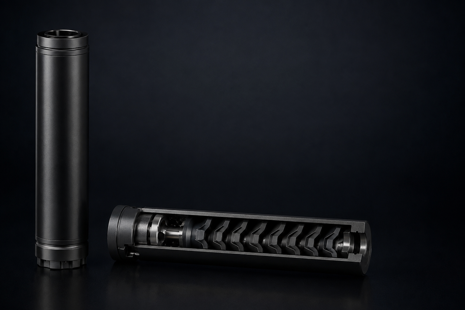 Intact and cutaway precision-engineered sound-moderation products displayed in a dark studio